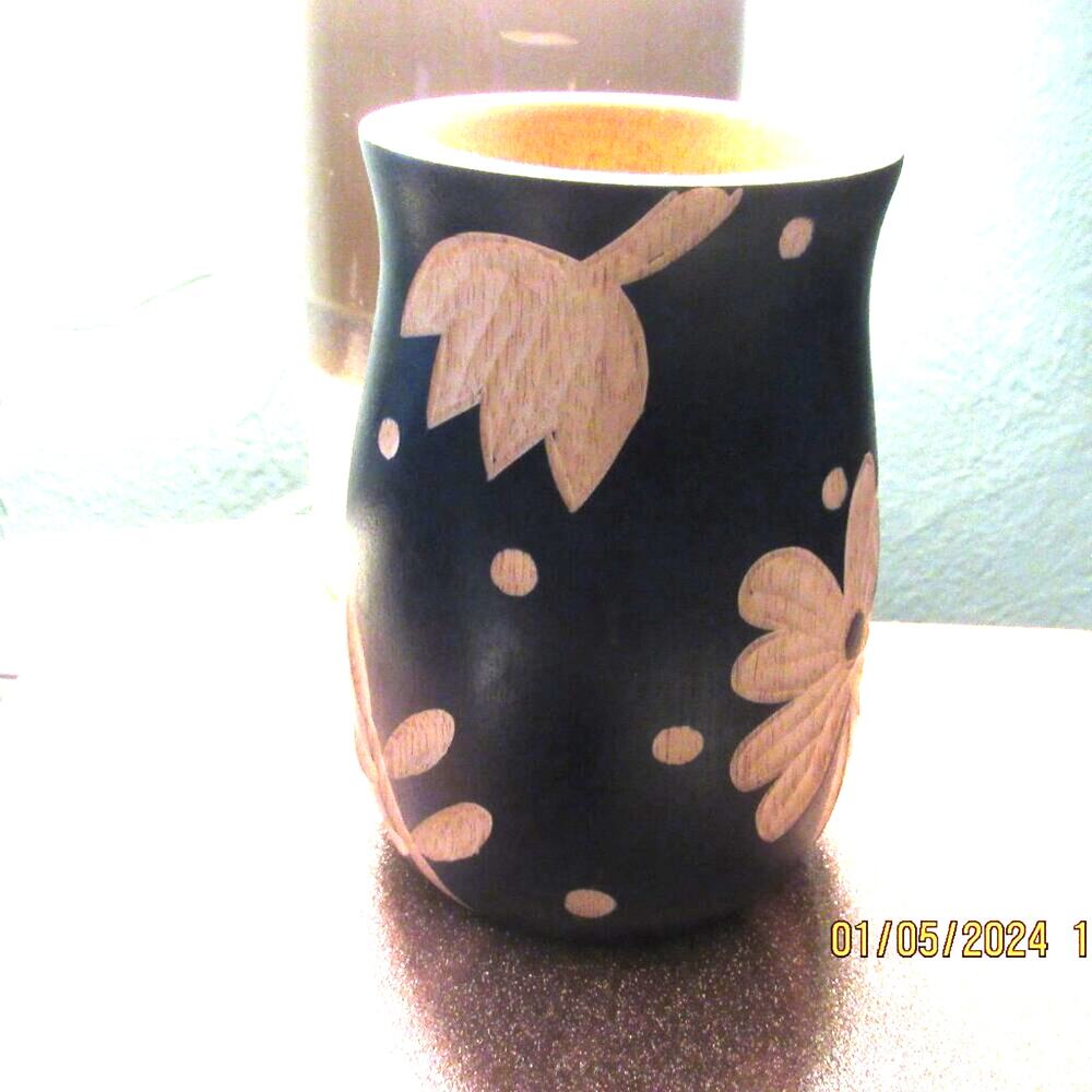 Handcrafted Navy Blue Vase with Delicate Flowers